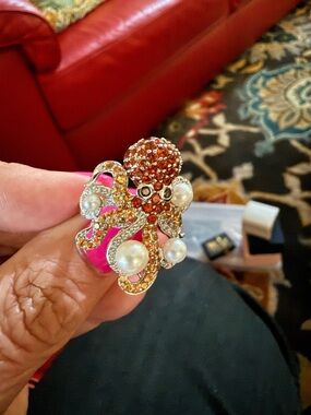 Sterling Silver Orange and Yellow sapphire & Pearl Octopus Ring -Size 6
